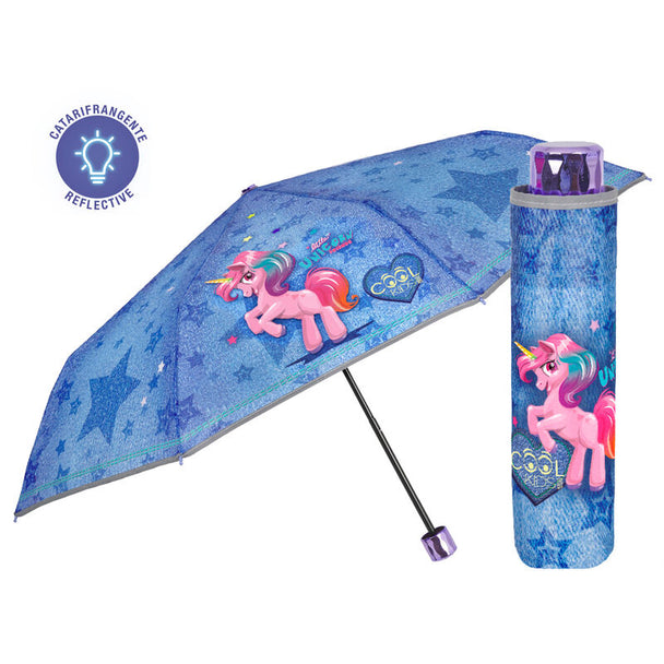 Parapluie pliant manuel Licorne de PERLETTI ouvert avec un diamètre de 91 cm, vue de dessus montrant le design coloré