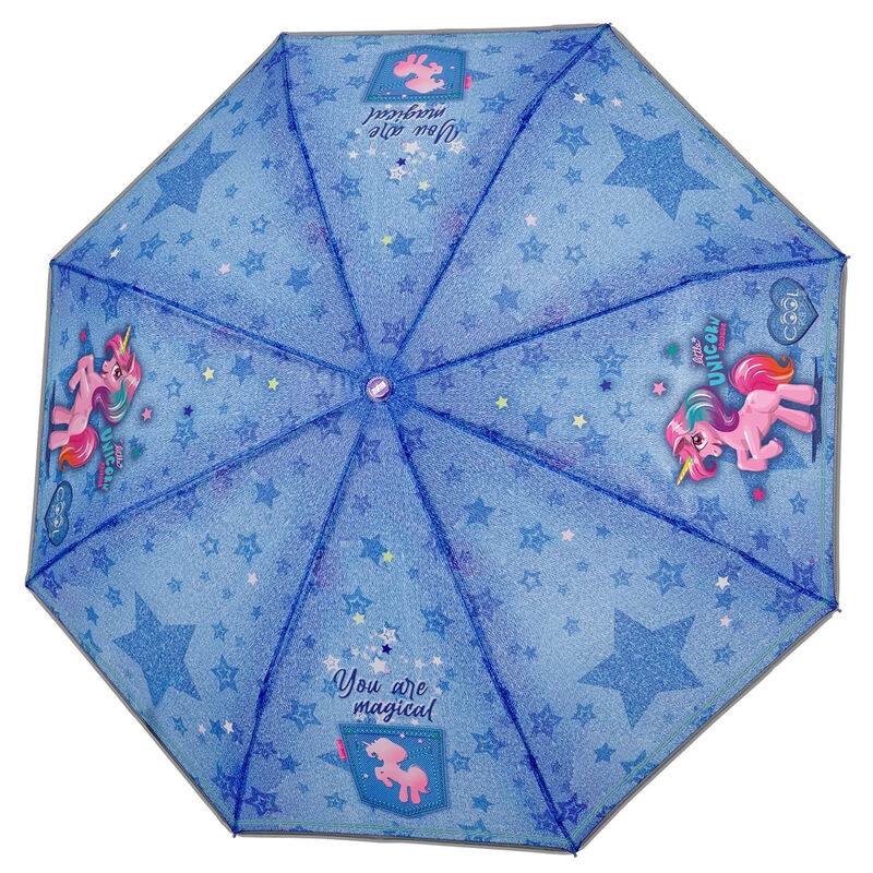 Vue latérale du parapluie PERLETTI Licorne ouvert, montrant son élégance et sa robustesse sous la pluie