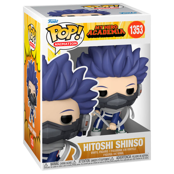 Figurine POP FUNKO de Hitoshi Shinso de My Hero Academia en vinyl de 9 cm, vue frontale avec boîte cadeau en arrière-plan
