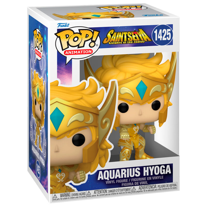 Figurine POP FUNKO de Hyoga, le Chevalier du Verseau, avec son armure bleue détaillée, hauteur 9cm, présentée dans sa boîte cadeau.