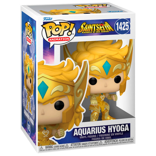 Figurine POP FUNKO de Hyoga, le Chevalier du Verseau, avec son armure bleue détaillée, hauteur 9cm, présentée dans sa boîte cadeau.