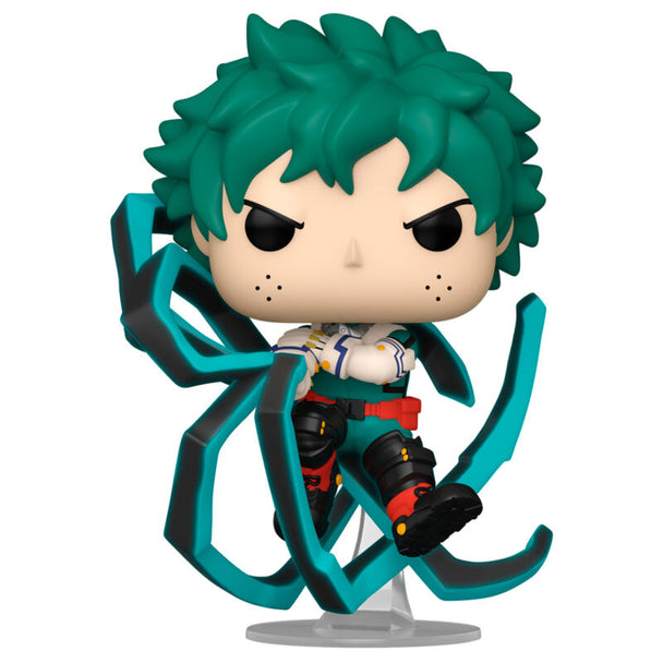 Zoom sur la figurine Funko POP Izuku Midoriya avec détails précis et couleurs vives, présentée dans sa boîte collector