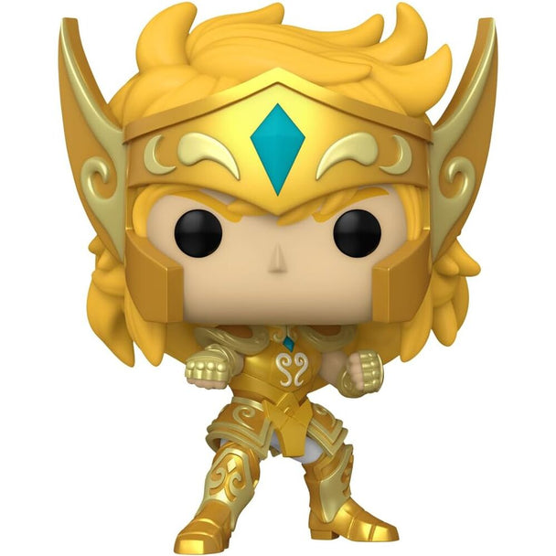 Zoom sur la boîte collector de la figurine POP FUNKO Saint Seiya Hyoga, affichant le logo officiel et un design coloré.