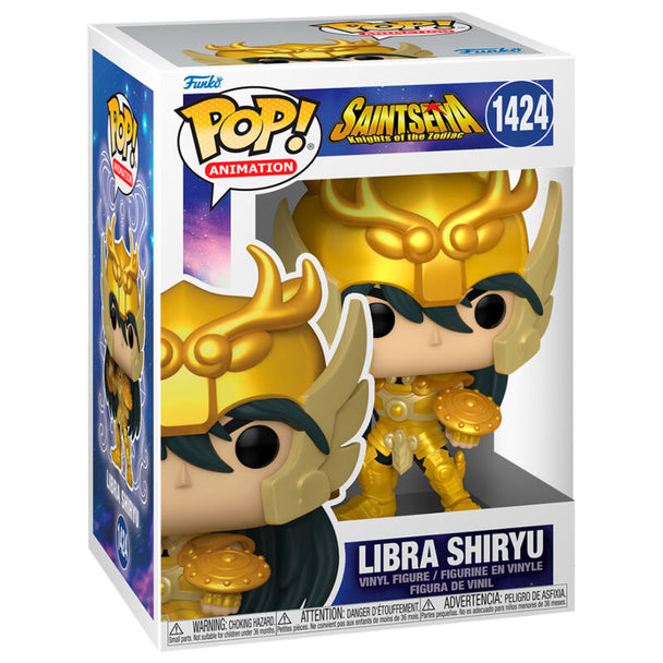Boîte cadeau de la figurine Funko POP Libra Shiryu Saint Seiya, montrant le packaging officiel et le personnage visible