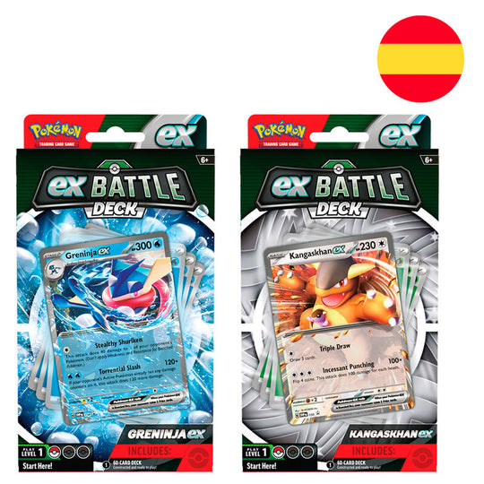 Deck Pokémon Greninja & Kangaskhan en espagnol avec 60 cartes BANDAI, idéal pour collection et jeu.