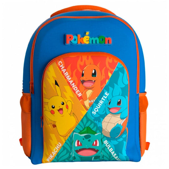 Sac à dos Pokémon Starters 43 cm avec design coloré des Pokémon emblématiques, vue de face.