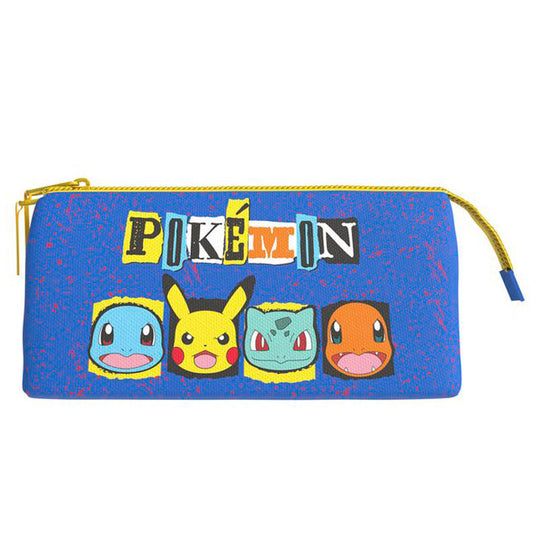 Vue de face de la trousse triple Pokémon CYP BRANDS avec motifs colorés et compartiments ouverts montrant l'espace de rangement