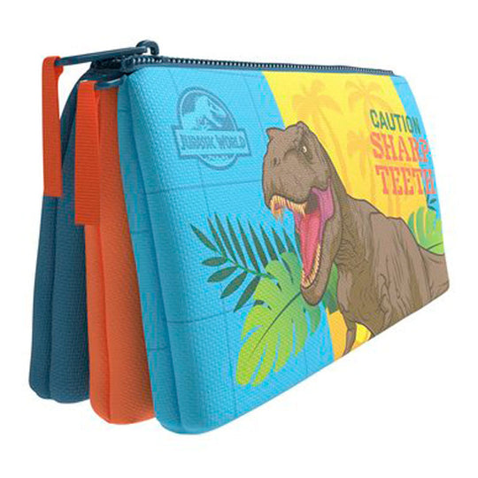 Vue avant de la trousse triple Jurassic World CYP BRANDS avec motifs de dinosaures colorés et fermeture éclair