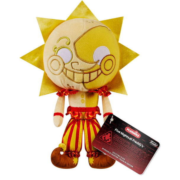 Peluche officielle Funko de Five Nights at Freddy's Sun, mesurant 17,5 cm, présentée sur fond blanc.
