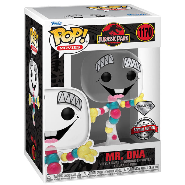 Figurine Funko POP exclusive Mr. DNA de Jurassic Park en vinyle de 9 cm, vue de face dans sa boîte cadeau