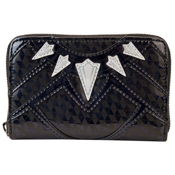 Vue avant du portefeuille Loungefly Marvel Black Panther en cuir vegan métallisé avec fermeture éclair gunmetal