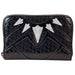 Vue avant du portefeuille Loungefly Marvel Black Panther en cuir vegan métallisé avec fermeture éclair gunmetal