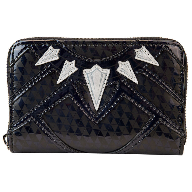Vue avant du portefeuille Loungefly Marvel Black Panther en cuir vegan métallisé avec fermeture éclair gunmetal