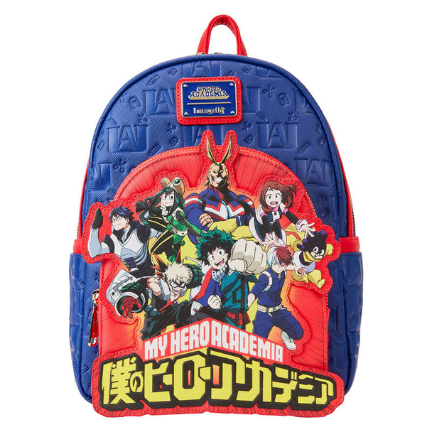 Sac à dos Loungefly My Hero Academia vue de face avec logo embossé en cuir vegan Saffiano