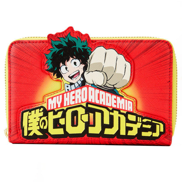 Portefeuille Loungefly My Hero Academia Izuku Punch fermé, vue de face avec détails dorés et cuir vegan saffiano.