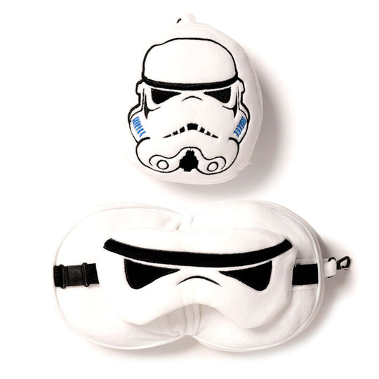 Coussin de voyage Stormtrooper Star Wars PUCKATOR vu de face avec masque de sommeil intégré