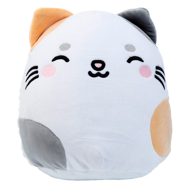 Coussin peluche chat Lola Squidglys Adoramals PUCKATOR en velboa, vue de face avec détails des couleurs vives