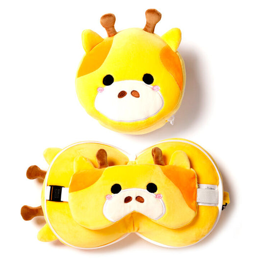 Coussin de voyage Relaxeazzz en forme de girafe avec masque pour les yeux intégré, vue de face