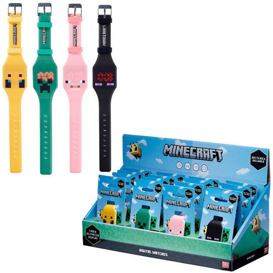 Gros plan sur le cadran digital de la montre Minecraft avec détails des pixels colorés