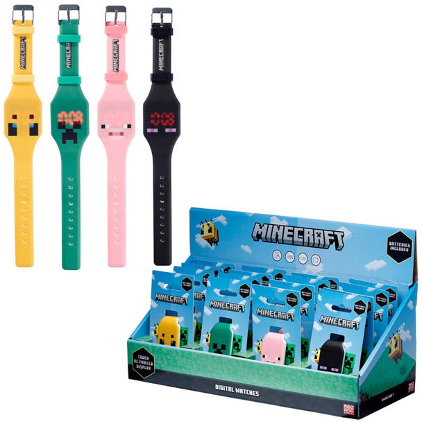Gros plan sur le cadran digital de la montre Minecraft avec détails des pixels colorés