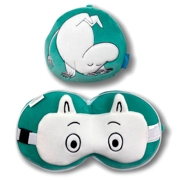 Coussin de voyage Relaxeazzz Mumin avec masque de sommeil intégré, tissu doux en polyester et spandex, parfait pour un confort optimal en déplacement.
