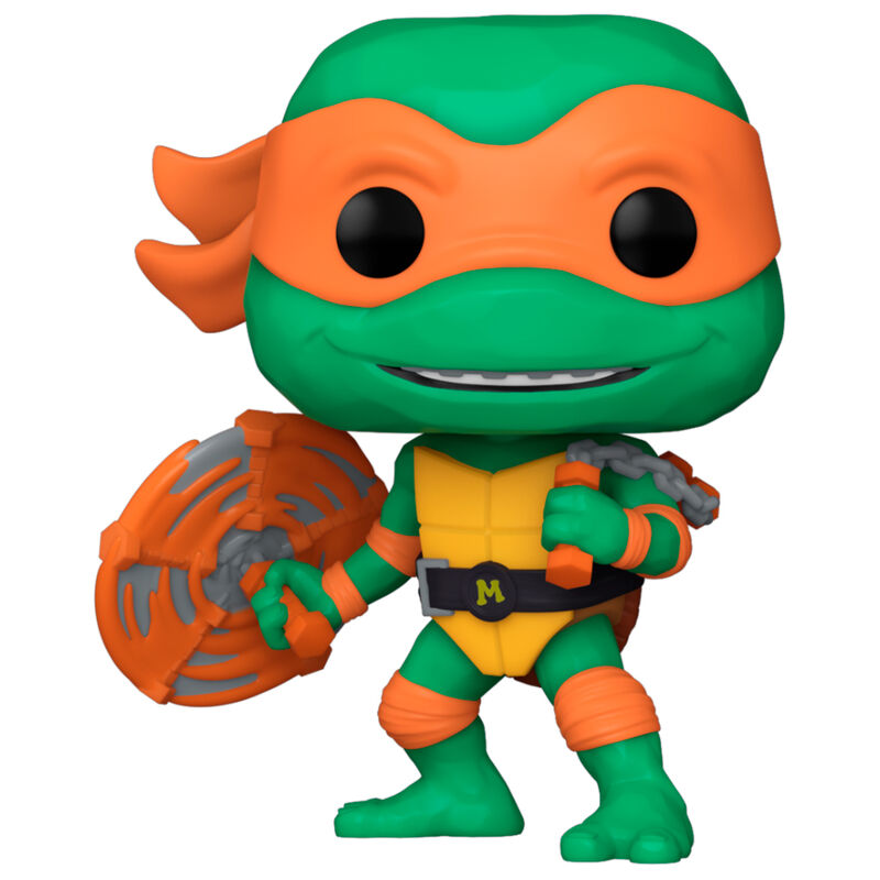 Vue rapprochée de la figurine Michelangelo des Tortues Ninja POP FUNKO avec détails colorés