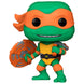 Vue rapprochée de la figurine Michelangelo des Tortues Ninja POP FUNKO avec détails colorés