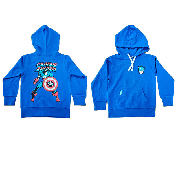 Sweat à capuche enfant Marvel Captain America avec logo bouclier bleu, blanc et rouge, disponible en tailles 4 à 12 ans