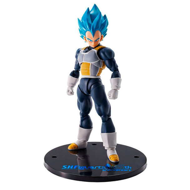 Figurine articulée Vegeta Super Saiyan Blue 14cm édition 15e anniversaire Dragon Ball Super vue de face avec accessoires