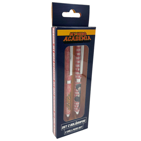 Zoom sur les détails des stylos My Hero Academia montrant leur mécanisme de recharge universelle pratique