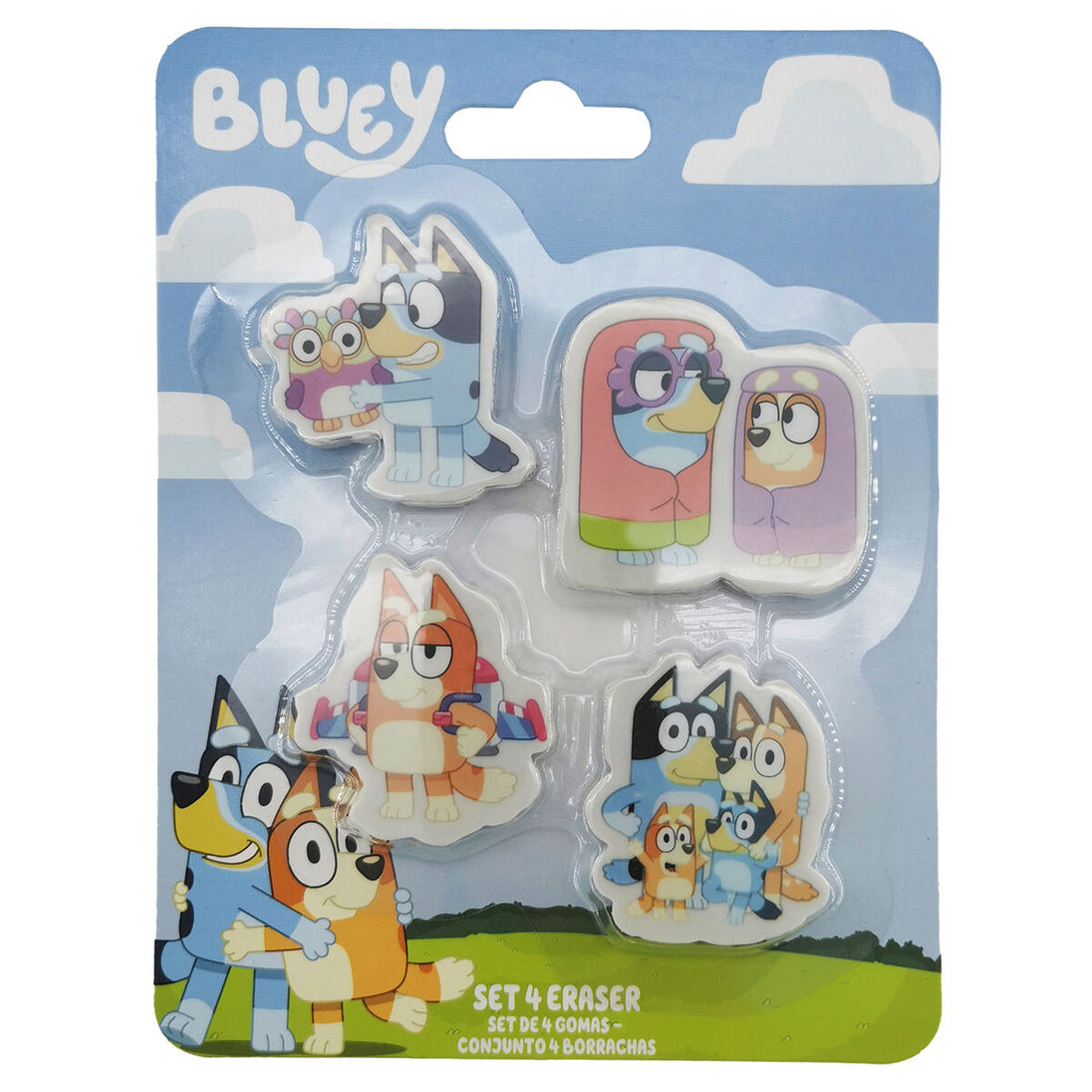 Vue rapprochée des gommes Bluey montrant les détails colorés et les personnages emblématiques
