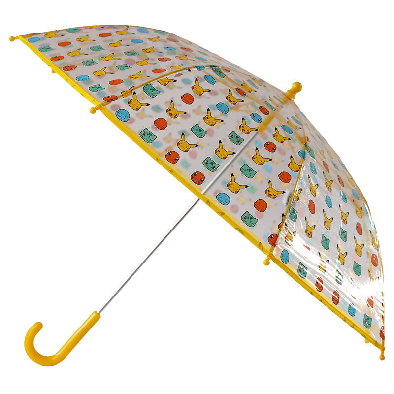Parapluie transparent Pokémon 48cm avec manche crochet, vue de face montrant le design clair et les motifs colorés