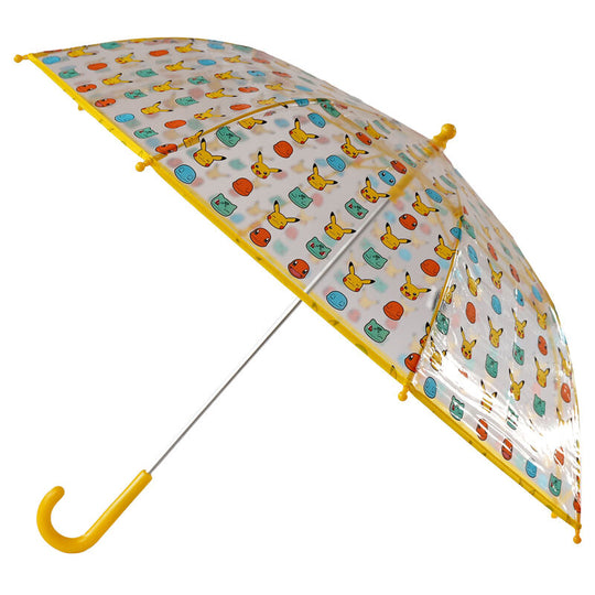 Parapluie transparent Pokémon 48cm avec manche crochet, vue de face montrant le design clair et les motifs colorés