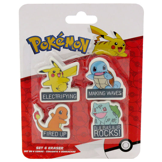 Set de 4 gommes Pokémon avec Pikachu, Salamèche, Bulbizarre et Carapuce, vue rapprochée sur les détails colorés