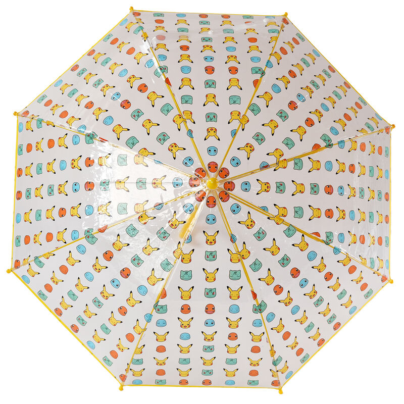 Détail du manche crochet du parapluie Pokémon transparent, mettant en valeur la qualité et le confort de prise en main