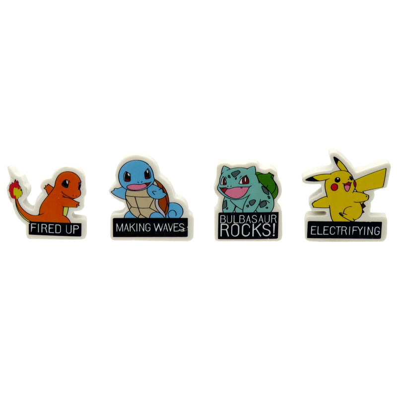 Gommes Pokémon en forme des personnages Pikachu, Salamèche, Bulbizarre et Carapuce, présentées sur fond blanc