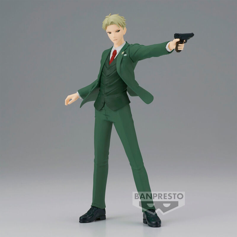 Détail de la figurine Loid Forger avec ses vêtements et accessoires fidèles au manga