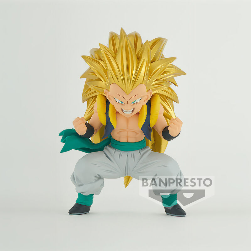 Profil gauche de la figurine Gotenks 9cm BANPRESTO montrant la posture de combat et les couleurs vives