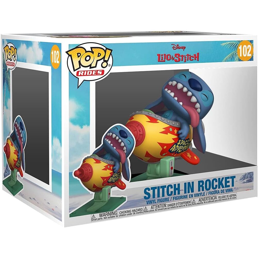 Image rapprochée de la base de la figurine POP Rides Stitch avec logo Funko et détails de la fusée