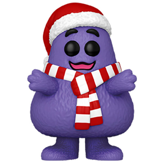 Vue rapprochée de la figurine Funko POP Grimace McDonald's édition fêtes montrant les détails colorés