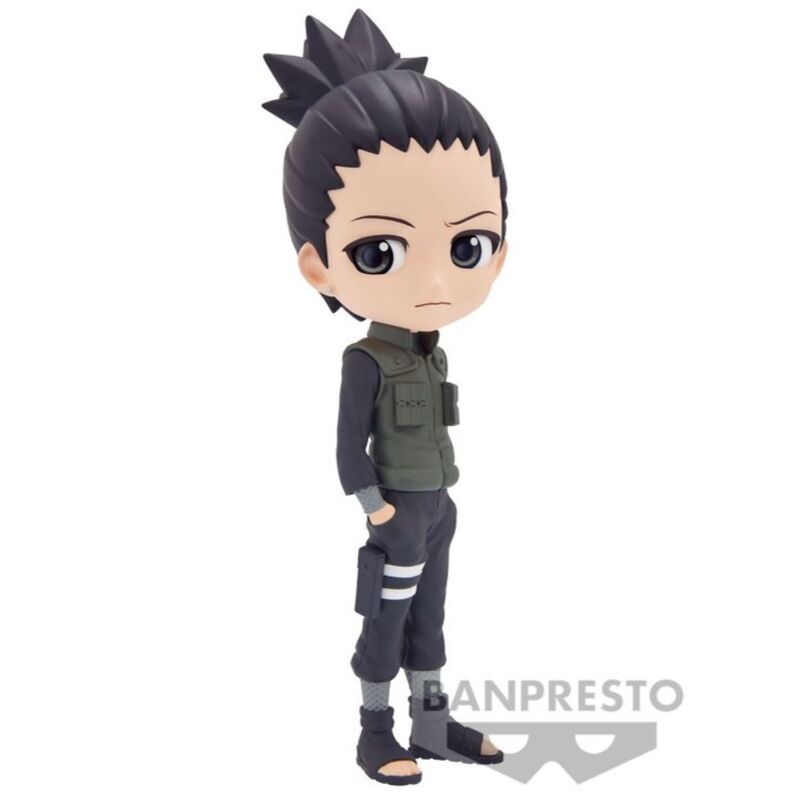 Présentation de la figurine Q Posket Nara Shikamaru sous un éclairage mettant en valeur les couleurs