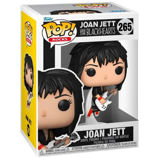 Vue rapprochée de la figurine Funko POP Joan Jett avec détails précis et boîte collector.