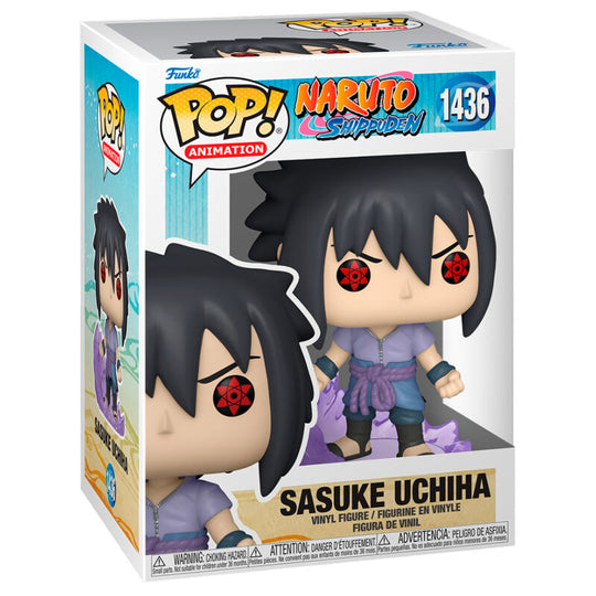 Figurine Funko POP Sasuke Uchiha de Naruto Shippuden en vinyle, vue de face avec détails précis et boîte cadeau à l'arrière