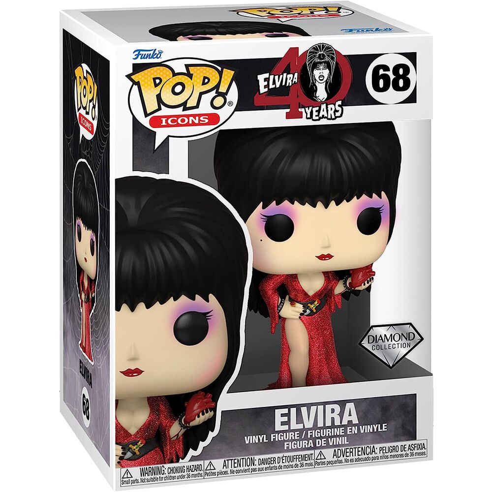 Vue rapprochée de la figurine Elvira 40th Anniversary FUNKO POP avec détails et emballage visible