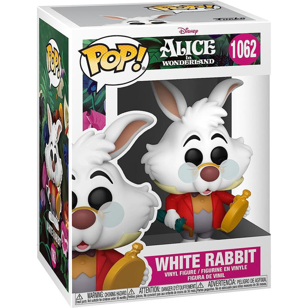 Détail de la figurine Funko POP Lapin Blanc tenant sa montre, avec couleurs vives et finition vinyle, présentée sur fond blanc.
