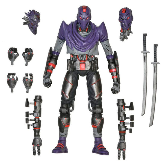 Figurine articulée NECA Ninja Turtles Last Ronin Foot Bot de 18cm avec accessoires sur fond blanc
