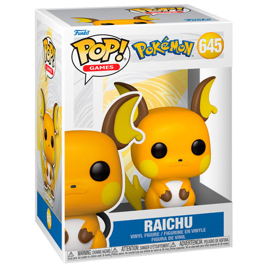 Boîte cadeau Funko POP Raichu Pokémon montrant la figurine en vinyle jaune et orange dans son emballage