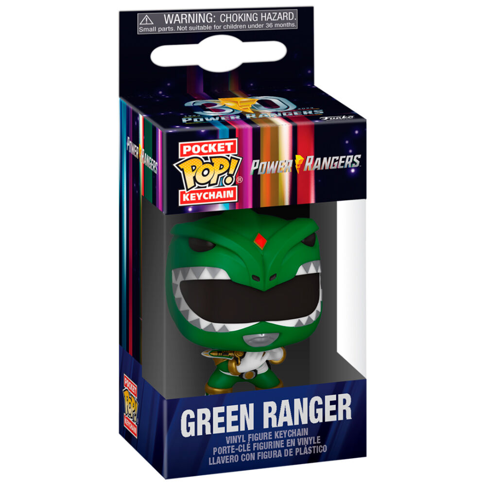 Vue rapprochée du porte-clés FUNKO Ranger Vert Power Rangers 30 ans, mettant en valeur la finition et le design