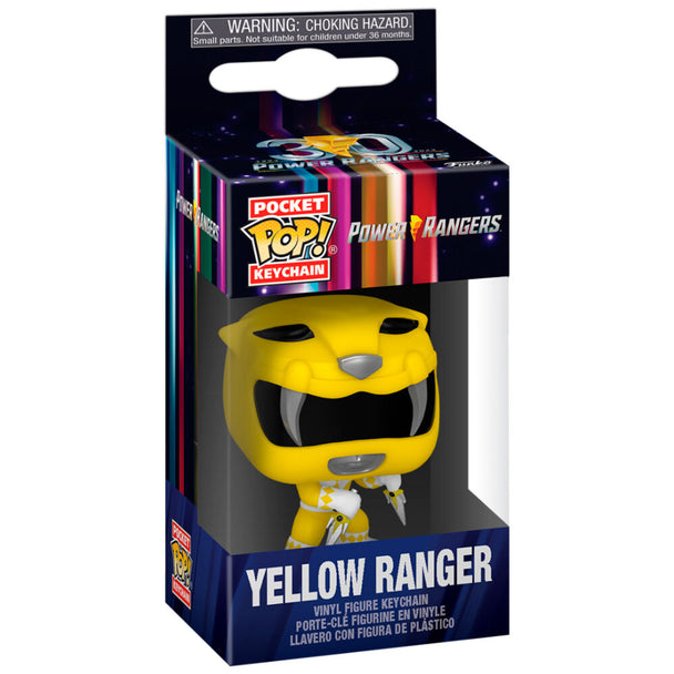 Porte-clés Funko Power Rangers Jaune 30e anniversaire présenté sur fond blanc avec vue latérale