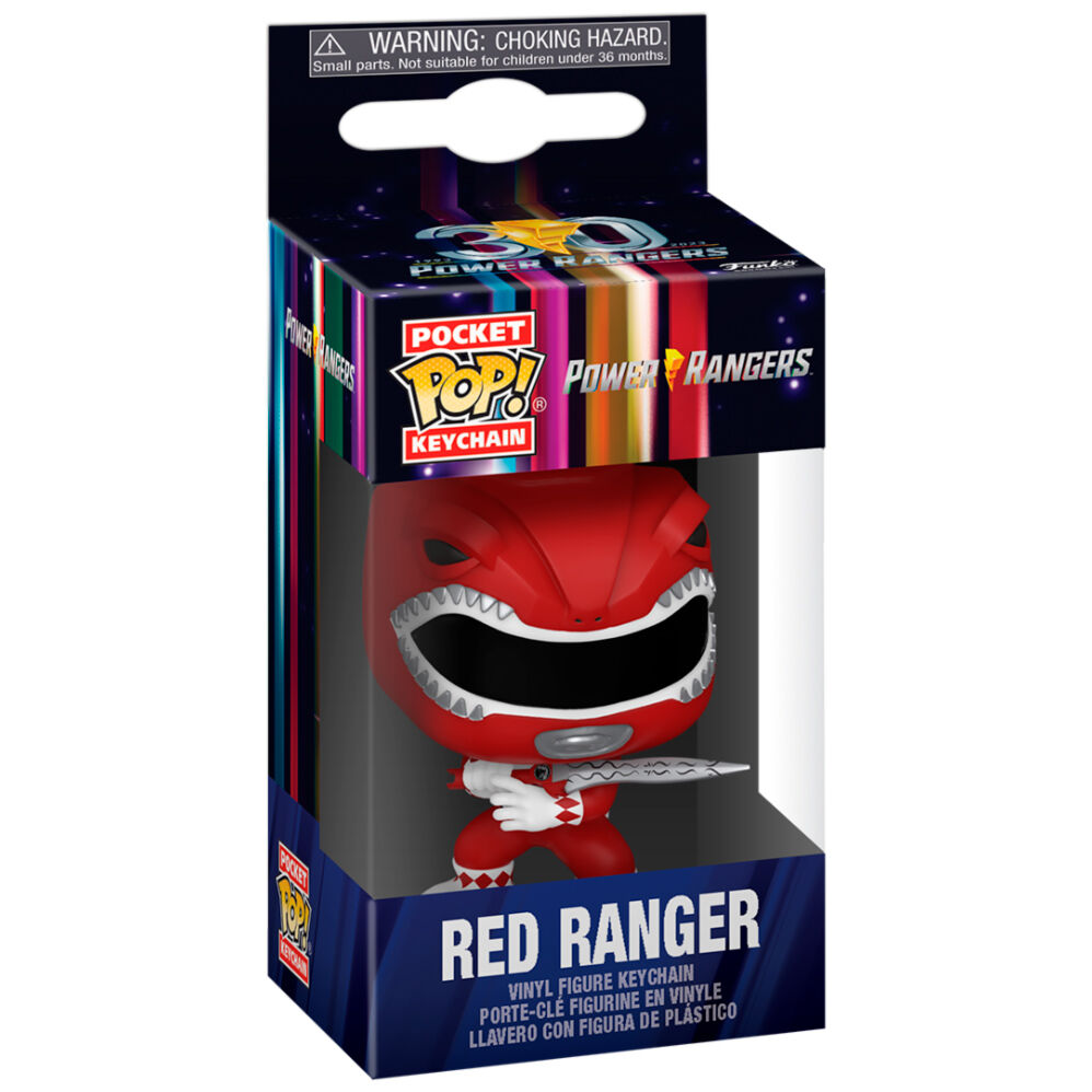 Zoom sur le porte-clés Funko Pocket POP Red Ranger avec fond blanc mettant en valeur les couleurs vives